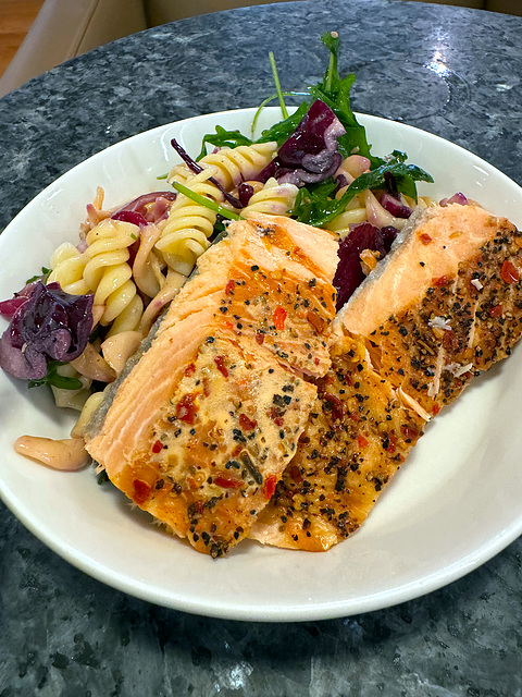 Salmon with pasta salad