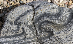 Deformed gneiss boulder at Golden Shore by Culag Woods