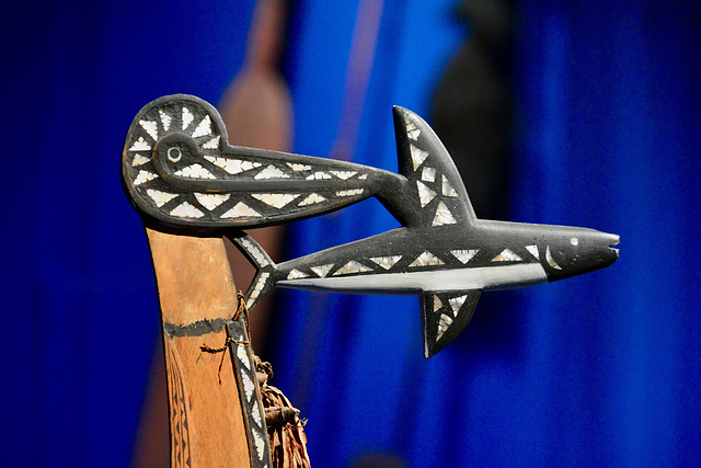 London 2018 – Oceania exhibition – Detail of a Bonito-fishing canoe from Solomon Islands