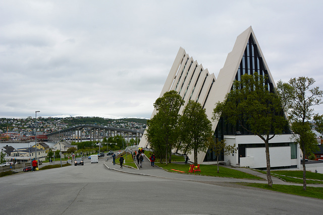 Norway, Arctic Cathedral and Tromsøbrua in the City of Tromsø