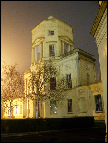 observatory on a foggy night