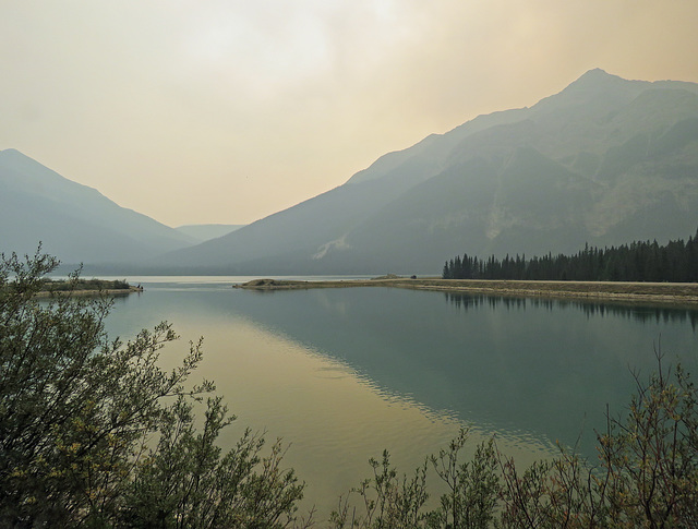 Spray Lakes through the wildfire smoke