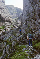 Steven & Jim climbing into Deep,Gill Scafell, Lake District 4th July 1991.