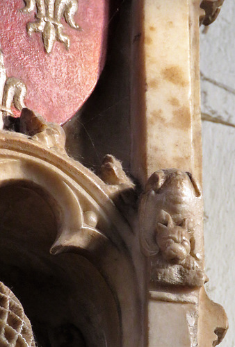 bakewell  church, derbs (53)beastie on alabaster wall memorial of sir geoffrey foljambe +1380