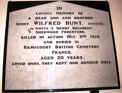 Memorial to Sergt. Wilfred Hunt, Saint James Church, Riddings, Derbyshire Memorial to Sergt. Wilfred Hunt, Saint James Church, Riddings, Derbyshire
