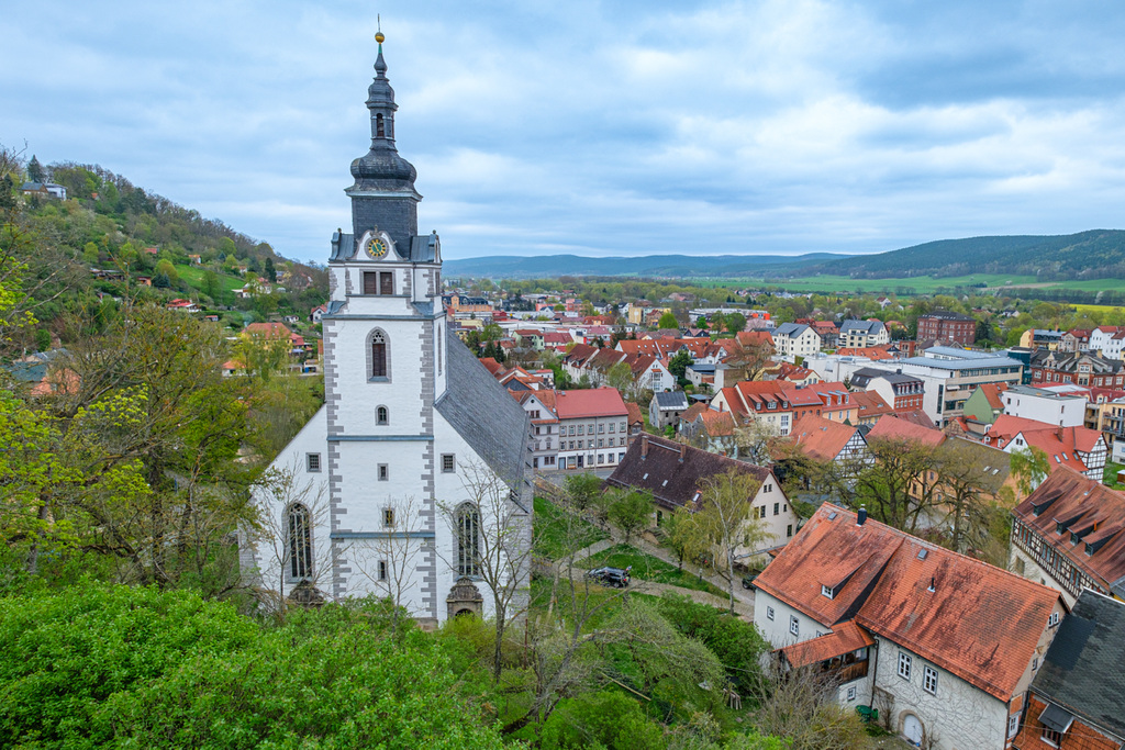 Blick vom Schlosspark auf die Stadtkirche