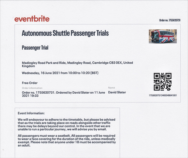 Ticket for a ride on the autonomous shuttle trials in Cambridge