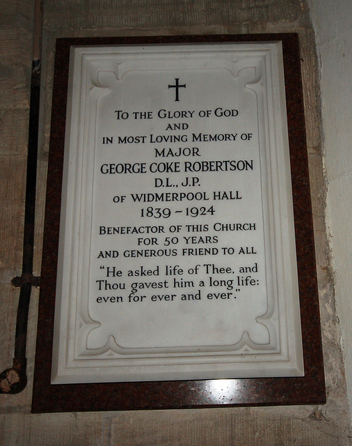 Memorial to Major George Coke Robertson of Widmerpool Hall, Widmerpool Church, Nottinghamshire