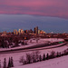 Downtown Calgary bathed in sunrise pink