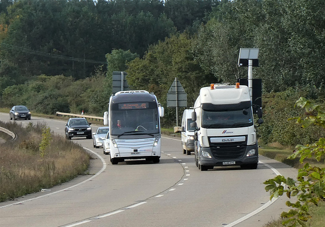 Ambassador Travel (National Express contractor) 219 (BV19 XOY) on the A11 near Barton Mills - 11 Oct 2021 (P1090704)