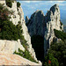 Les Dentelles de Montmirail, scanned from a 1972 print. My first ever rock-climb, aged 14 was here, just round the corner. I was on a high when I took this shot!