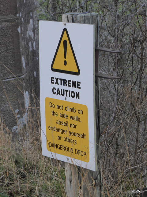 There is a sheer drop off the edge of the Dunphail viaduct - a well-earned warning sign!