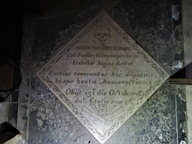 rousham church, oxon (14) detail of tomb of rev. robert cowcher +1716, skull, cross bones, hourglass