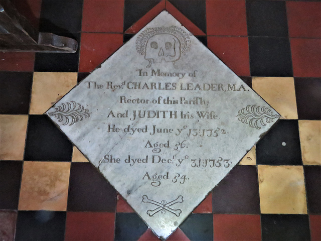 rousham church, oxon (16) skull and cross bones on tomb of rev. charles leader +1752 and wife judith +1753