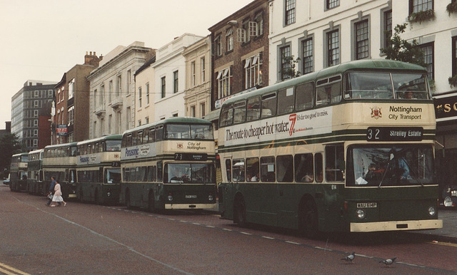 Nottingham City Transport buses (and one other) in Long Row, Nottingham – 25 Jul 1987 (52-10)