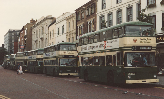 Nottingham City Transport buses (and one other) in Long Row, Nottingham – 25 Jul 1987 (52-10) Nottingham City Transport buses (and one other) in Long Row, Nottingham – 25 Jul 1987 (52-10)
