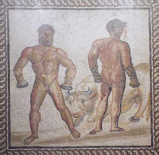 Detail of the Combat between Dares and Entellus Mosaic in the Getty Villa, June 2016