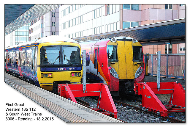 First Great Western no. 165 112 & South West Trains no. 8006 ready to leave Reading - 17.2.2015