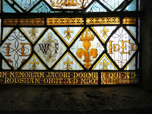 rousham church, oxon ; c16 glass quarries, initials of john dormer, william fox, queen elizabeth I and john and elizabeth dormer
