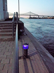 Blue light and distant bridge