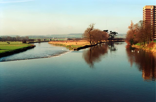 The River Anker and flood Relief Channel from Lady Bridge, Tamworth (Scan from early 1989)