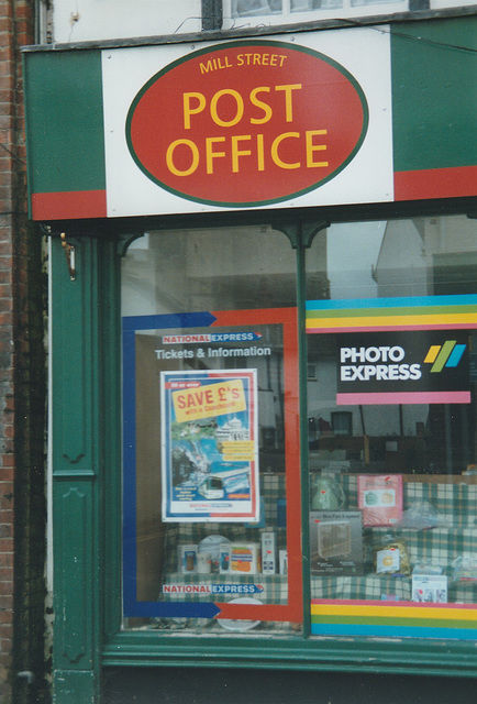 National Express poster at Mildenhall Post Office - 4 Jul 1999 (418-26)