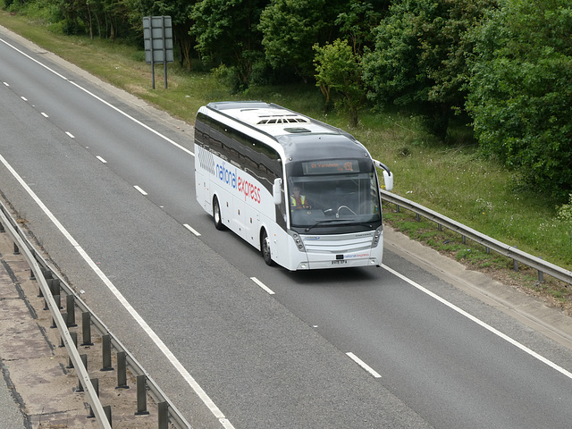 Ambassador Travel (National Express contractor) 217 (BV19 XPA) on the A11 near Kennett - 21 May 2022 (P1110926)