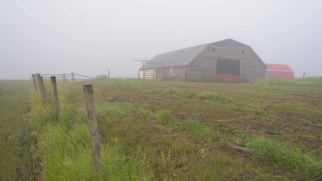 a fence, a barn and a red shed