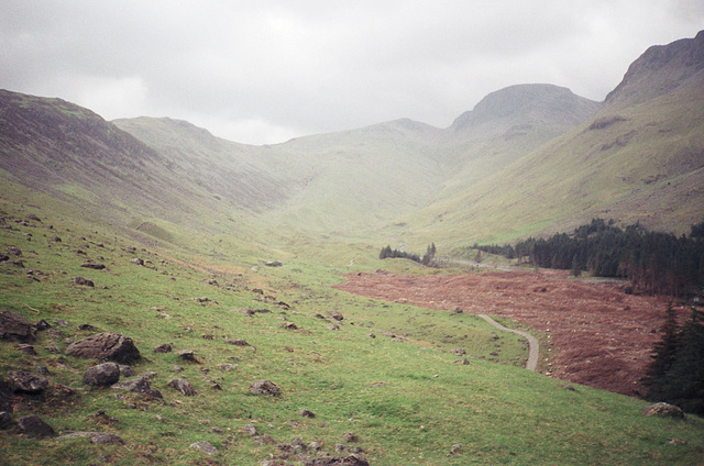 View on descent from Scarth Gap looking towards Loft Beck and Great Gable (899m) (Scan from May 1990)
