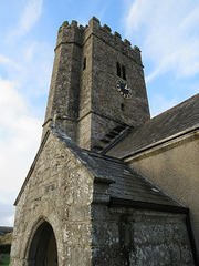 buckland in the moor church, devon , note slates protecting roof junction with tower
