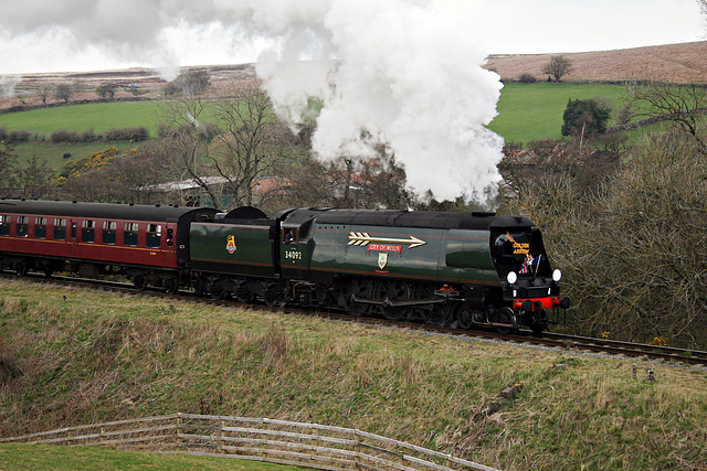 Bulleid West Country class 4-6-2 34092 CITY OF WELLS at Abbots House with the Grosmont - Pickering service 30th March 2019.