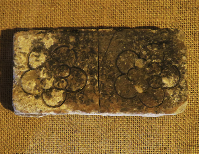 grange barn, coggeshall, essex,pseudo mosaic incised c14 tile found at the kiln site at tilkey near coggeshall