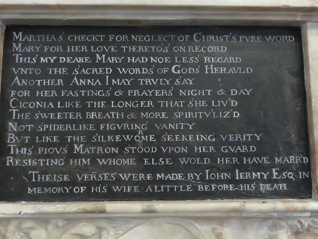stutton church, suffolk (6) poem to his wife on c17 tomb of john jermy +1662 and martha, erected by her in 1664