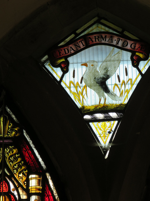 stutton church, suffolk (3) wheat and bird crest in c19 glass