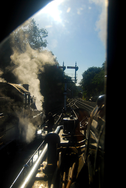 Firemans view from the cab of Prairie tank 4566 on leaving Bewdley.