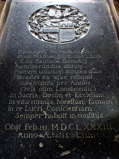 Sandon - All Saints - monument to Edward Nicholas, d. 1683 2014-06-21