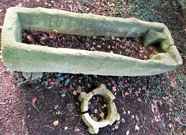 rousham park, oxon (22) stone coffin (perhaps mediaeval) and remains of a ?c18 stone mortar