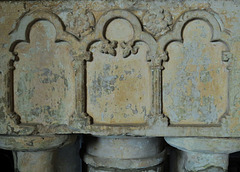 canewdon church, essex,superb font from the demolished church at shopland, probably earliest c13. two sides deeply carved, the other sides lightly incised with fleurs-de-lys