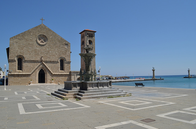 Rhodes-city, Evangelismos Church and Entrance to Mandraki Port