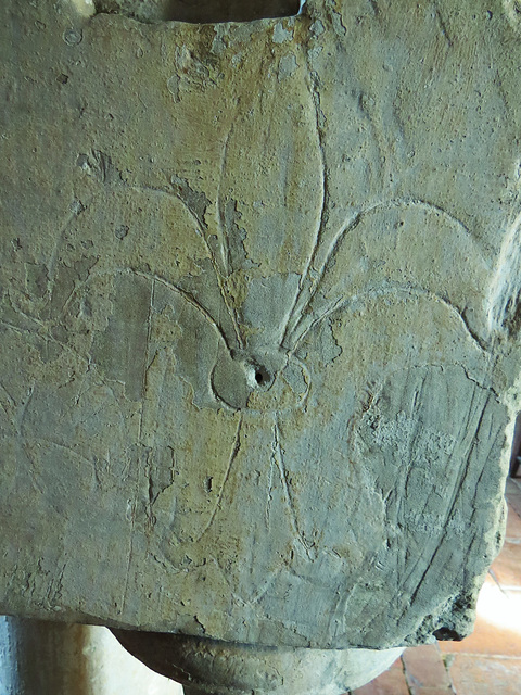 canewdon church, essex,superb font from the demolished church at shopland, probably earliest c13. two sides deeply carved, the other sides lightly incised with fleurs-de-lys