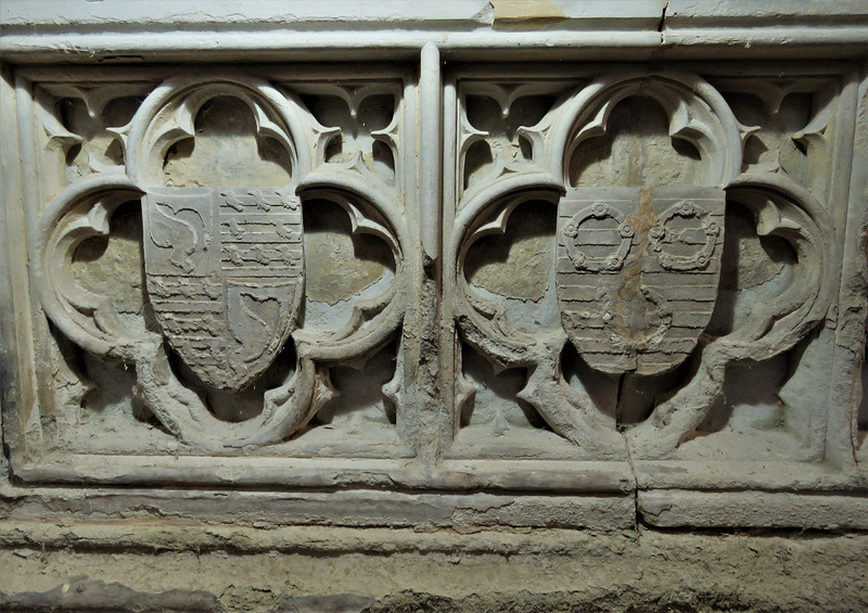 erwarton church, suffolk  (40) heraldry on an early c15 tomb chest under an unrelated effigy