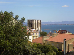 View to Lisbon Cathedral, Tagus River and Arrábida Sierra.
