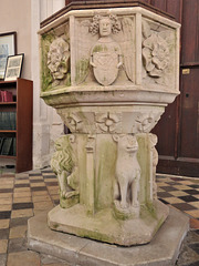 erwarton church, suffolk  (44) early c15 font with arms of the trinity held by an angel and lions and roses