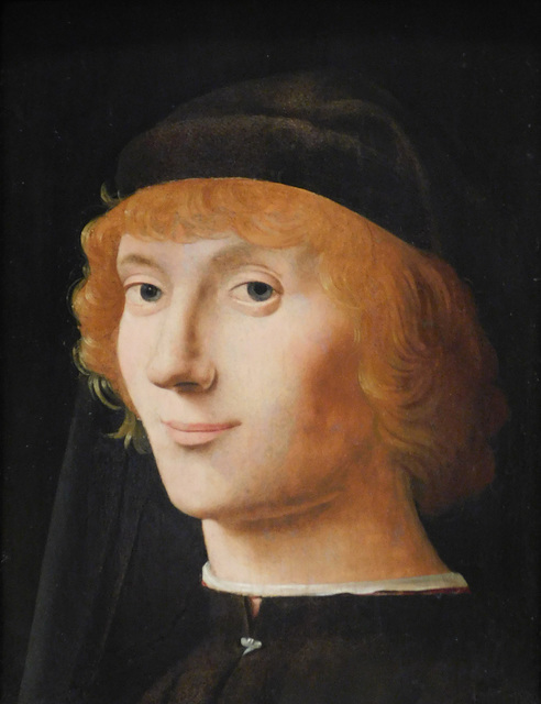 Detail of a Portrait of a Young Man by Antonello da Messina in the Metropolitan Museum of Art, September 2021