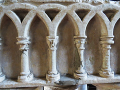 canewdon church, essex,superb font from the demolished church at shopland, probably earliest c13. two sides deeply carved, the other sides lightly incised with fleurs-de-lys