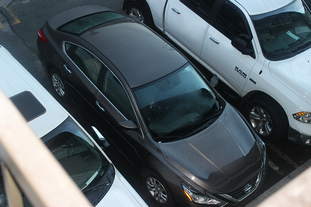 Our "Rental Car" , dark one in the middle....shot taken from the motel balcony!  ( its a Nissan Altima, handled beautifully...)