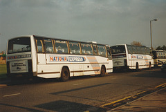 National Express service coaches at Newmarket – March 1990 (116-3)