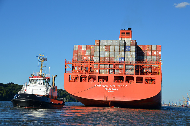 Die  Cap San Artemissio der Reederei Hamburg Süd, bei der Einfahrt in den Hamburger Hafen