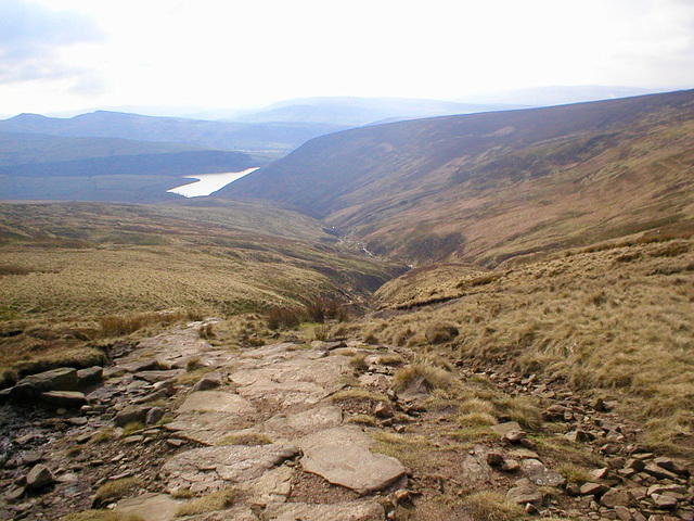 Looking back down William Clough to Kinder Reservoir (Scan from July 1991)