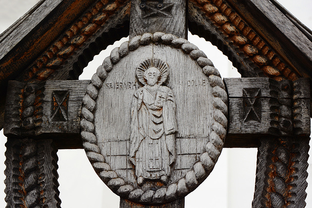 Romania, Maramureș, Wooden Carved Icon in the  Moisei Monastery of the Assumption of the Virgin